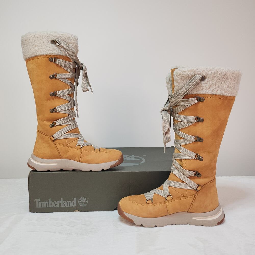 Cabincore Knee High Timberland Boots 6 Wheat Nubuck Shearling Gorpcore Apres Ski - Picture 2 of 15
